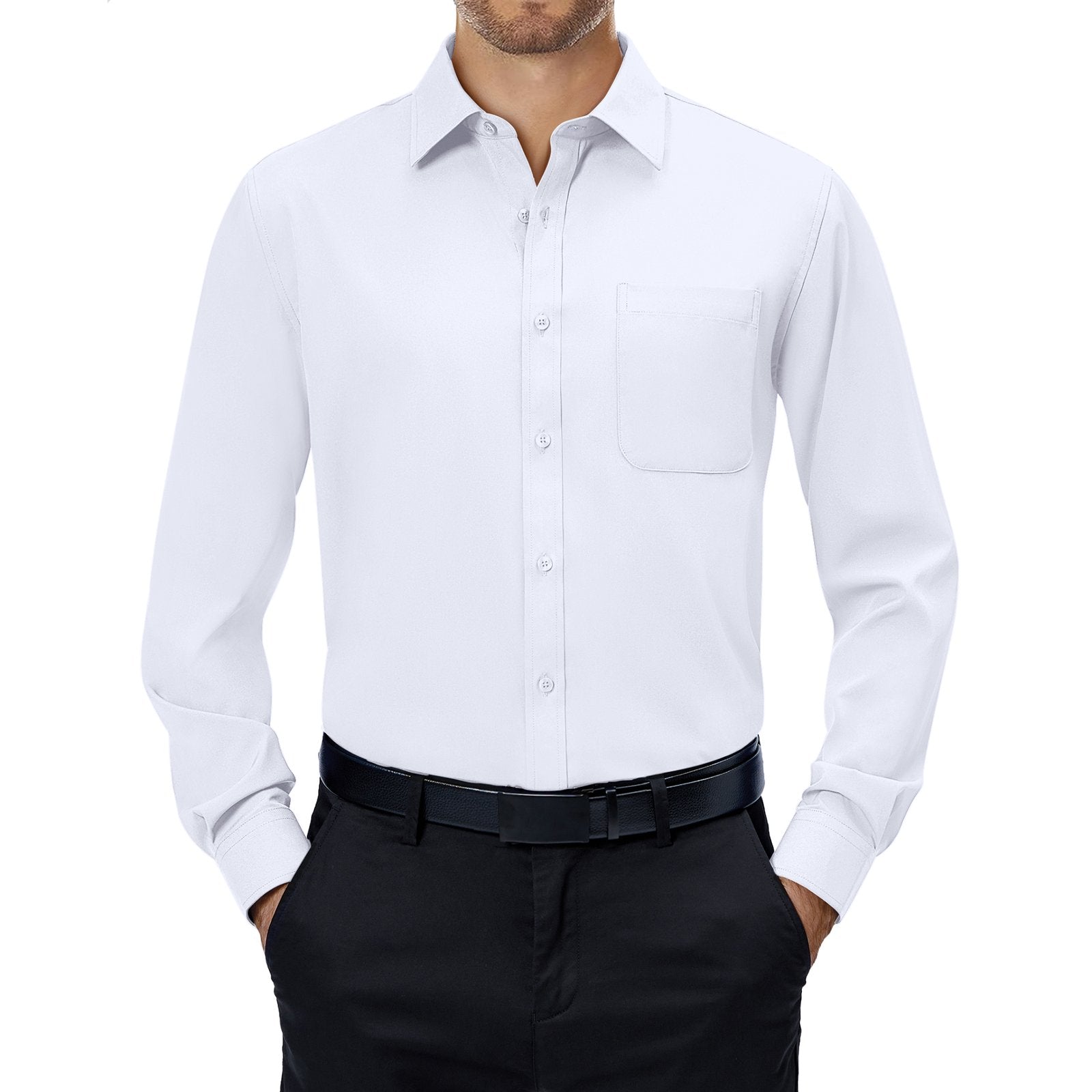 sogami Mens Long Sleeve Collared Button-up Shirt Regular Fit Solid Wrinkle-Free White Dresses Shirt Business Casual