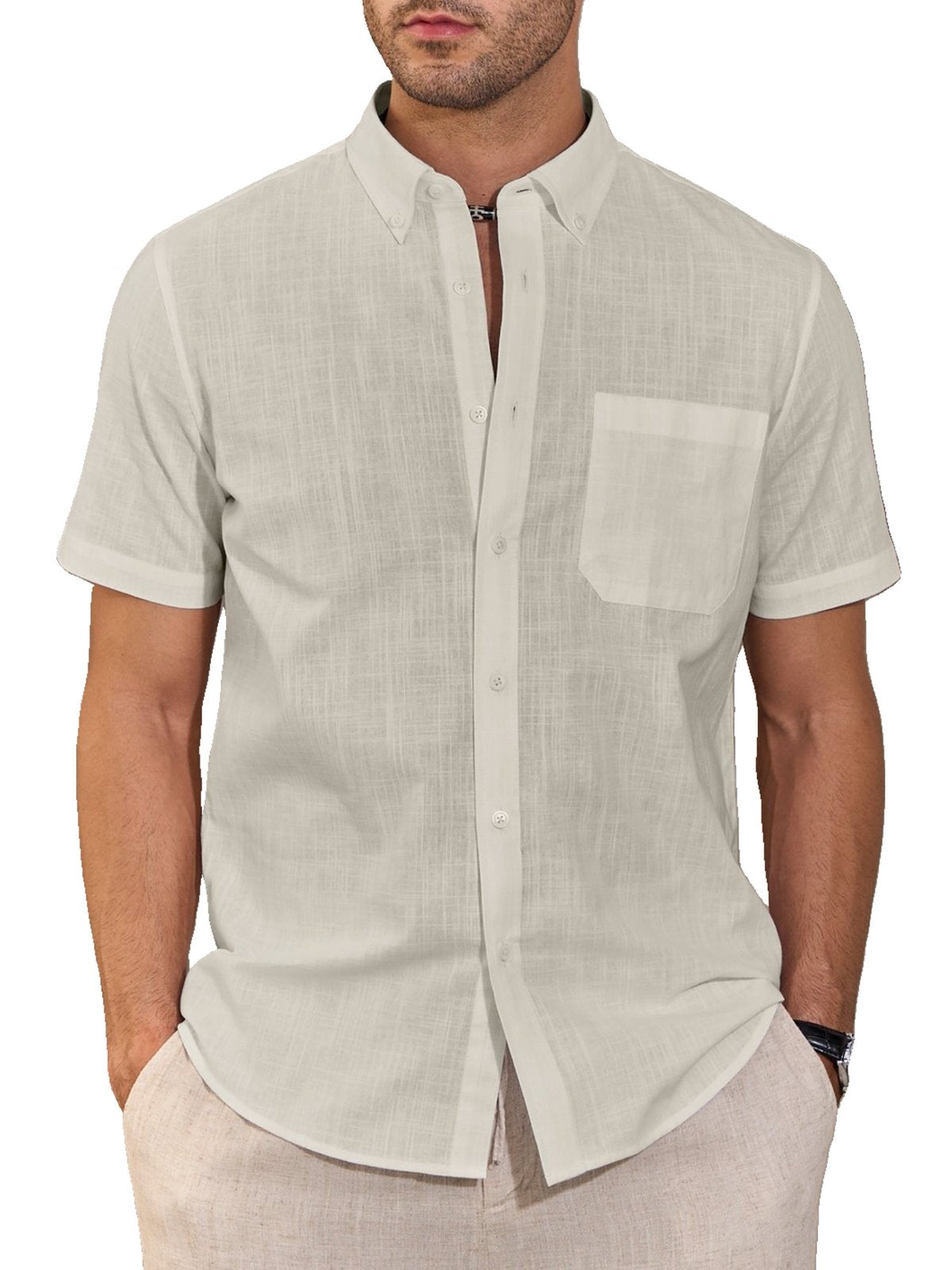 sogami Men's Cotton Linen Short Sleeve Button Down Shirt Casual Summer Shirt