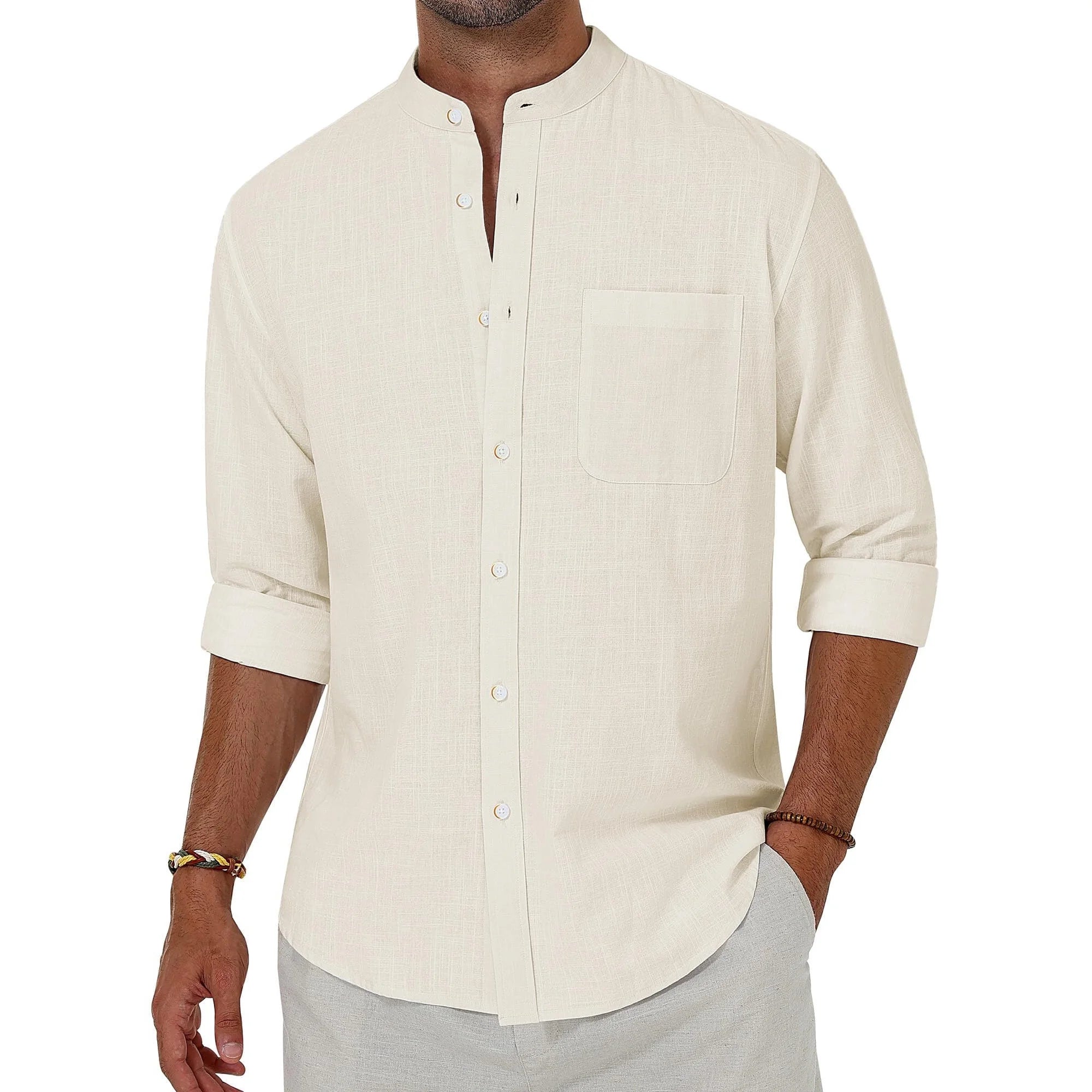 sogami Men's Long Sleeve Cotton Linen Shirts Band Collar Button Down Shirt
