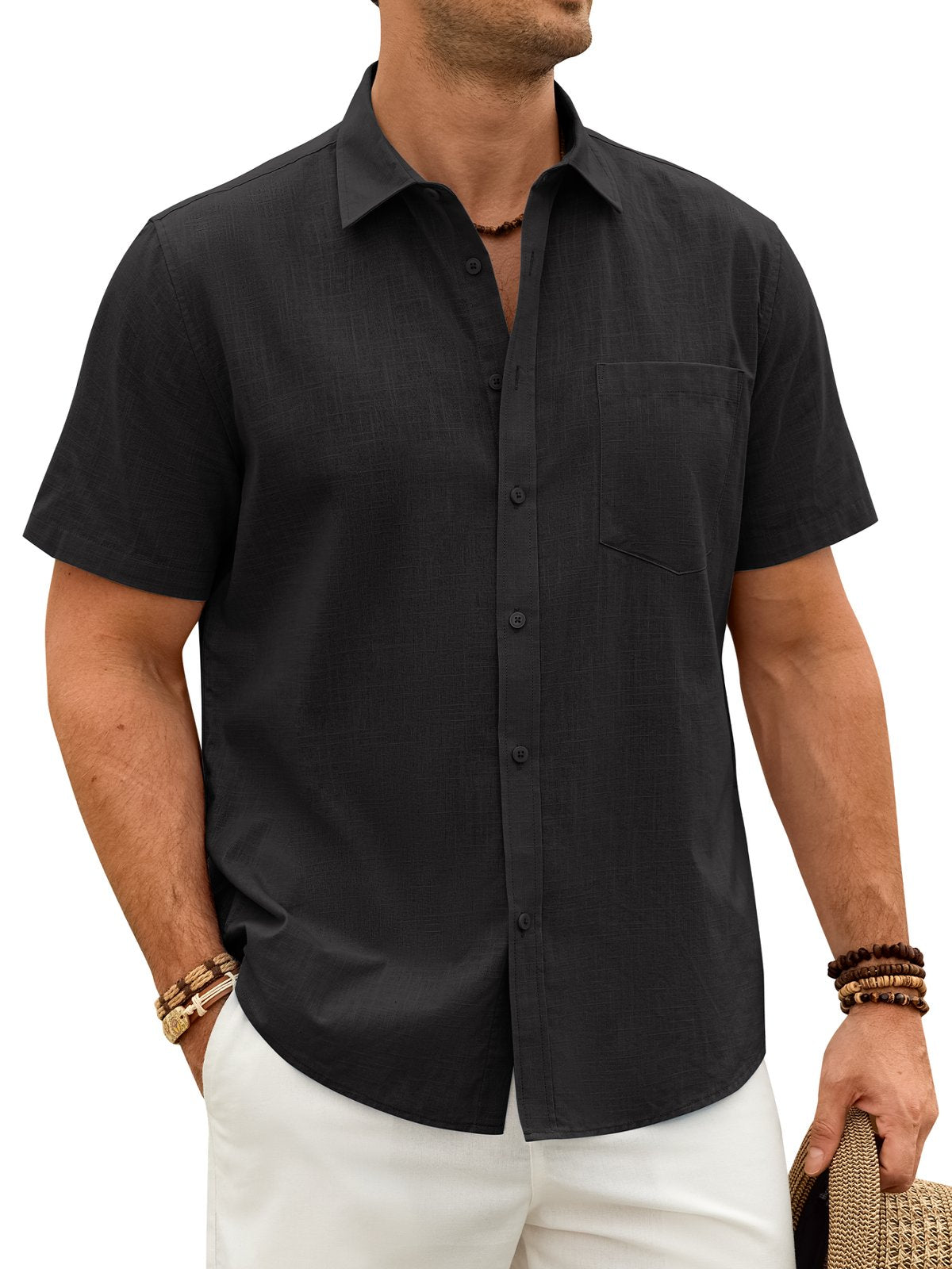 sogami Men's Breathable Cotton Linen Short Sleeve Button Down Casual Shirt For Summer