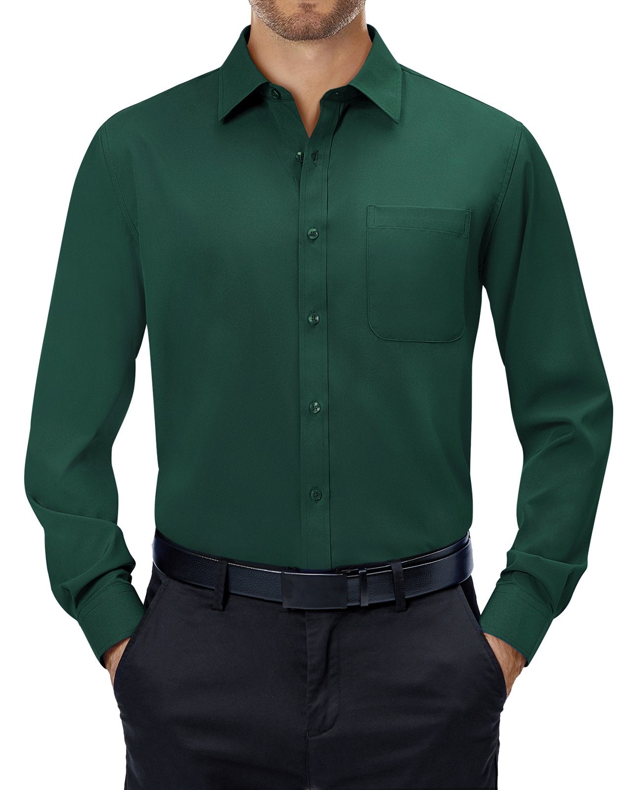 sogami Mens Long Sleeve Collared Button-up Shirt Regular Fit Solid Wrinkle-Free White Dresses Shirt Business Casual