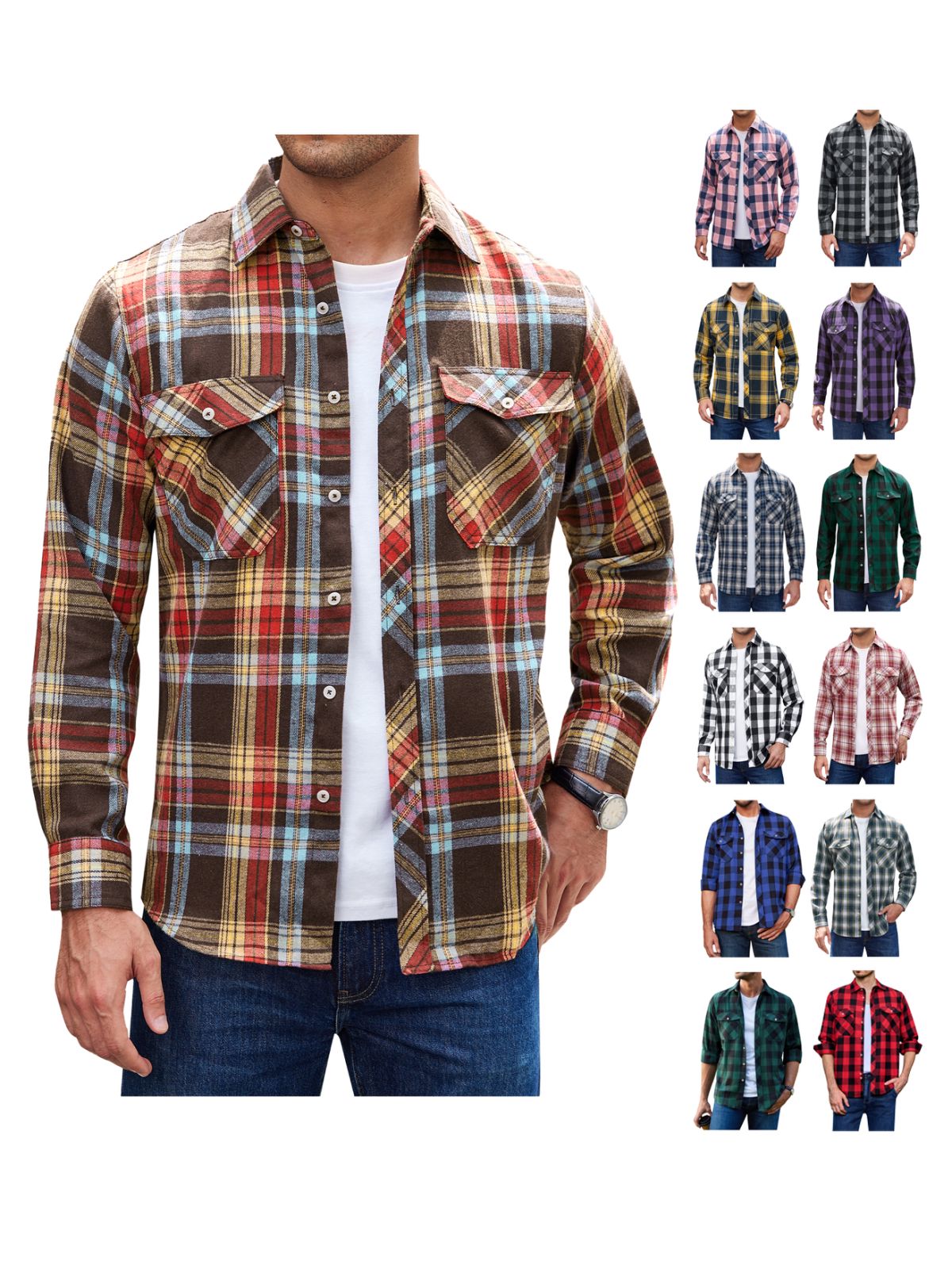 sogami Mens Long Sleeve Red Plaid Flannel Shirts Casual Button Down Regular Fit
