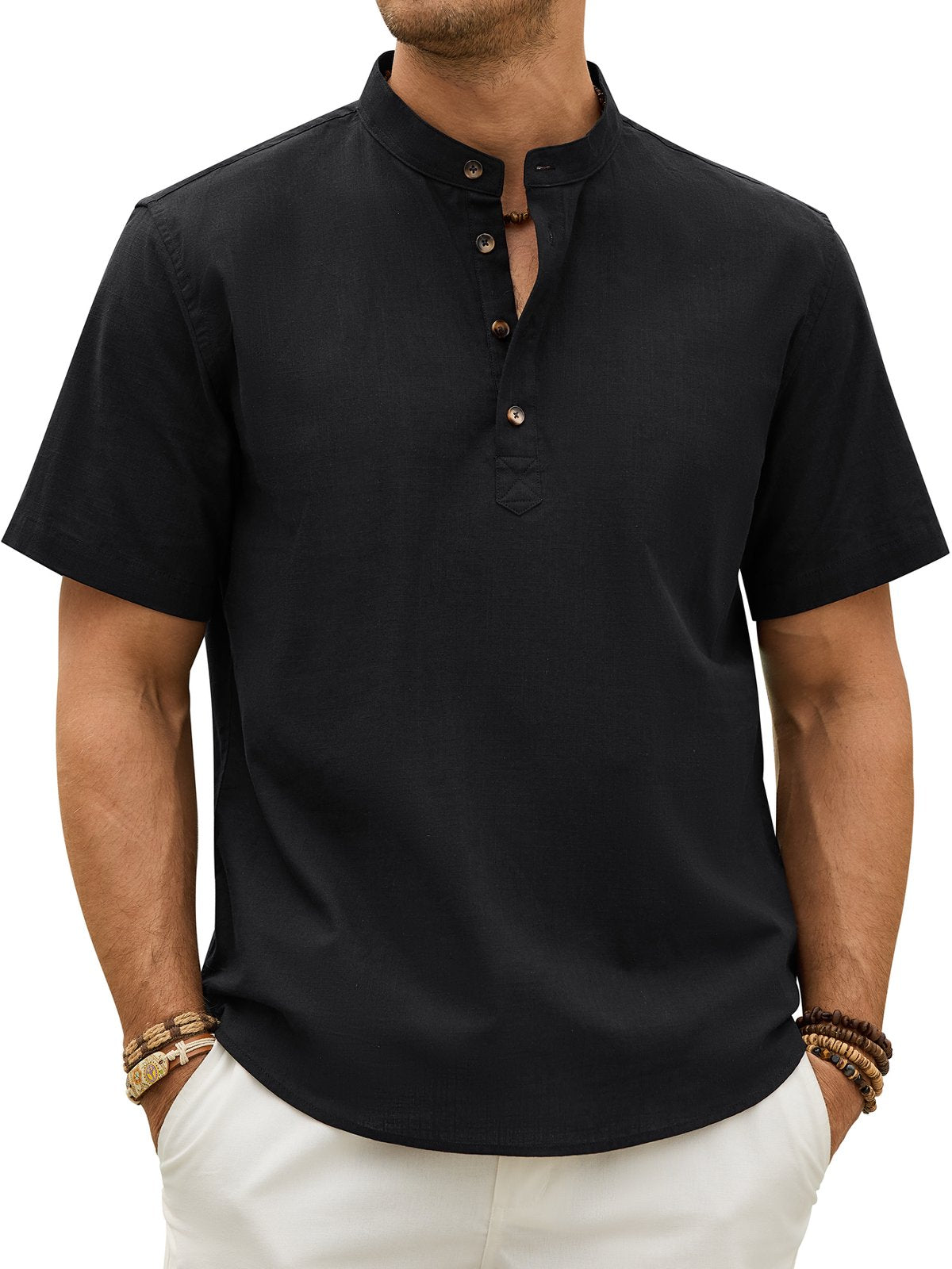 sogami Men's Henley Collar Short Sleeve Button Up Shirt Casual Linen Shirt