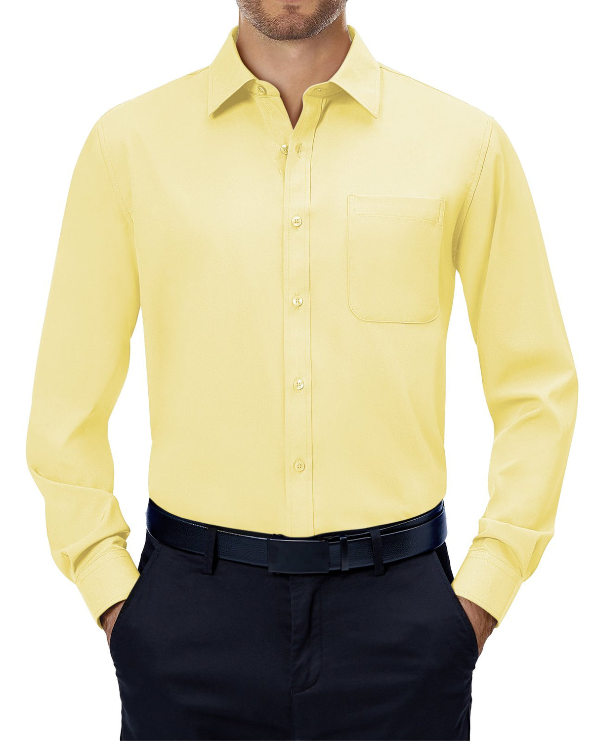 sogami Mens Long Sleeve Collared Button-up Shirt Regular Fit Solid Wrinkle-Free White Dresses Shirt Business Casual