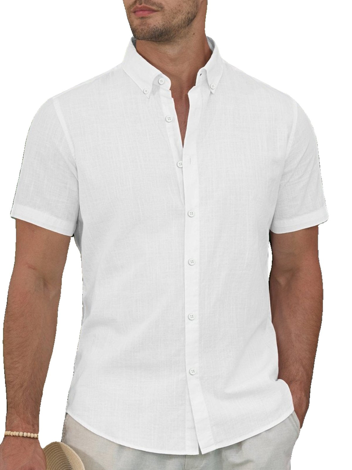 sogami Men's Breathable Cotton Linen Short Sleeve Button Down Summer Shirt