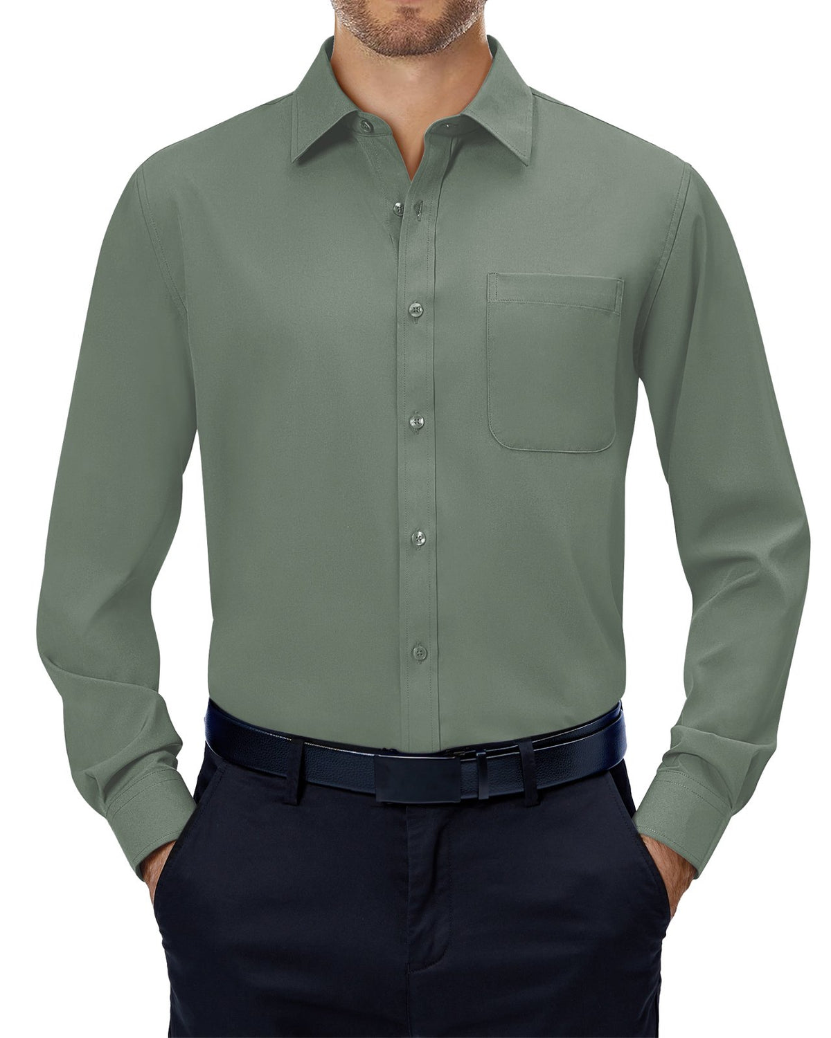 sogami Mens Long Sleeve Collared Button-up Shirt Regular Fit Solid Wrinkle-Free White Dresses Shirt Business Casual