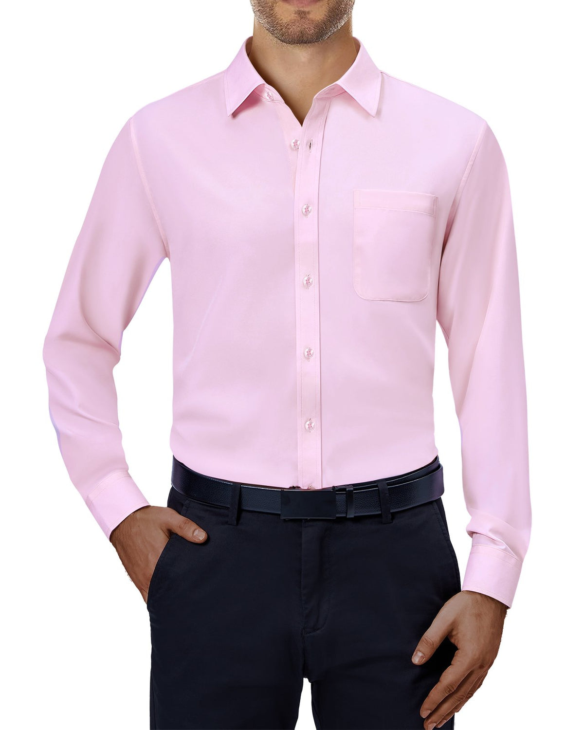 sogami Mens Long Sleeve Collared Button-up Shirt Regular Fit Solid Wrinkle-Free White Dresses Shirt Business Casual
