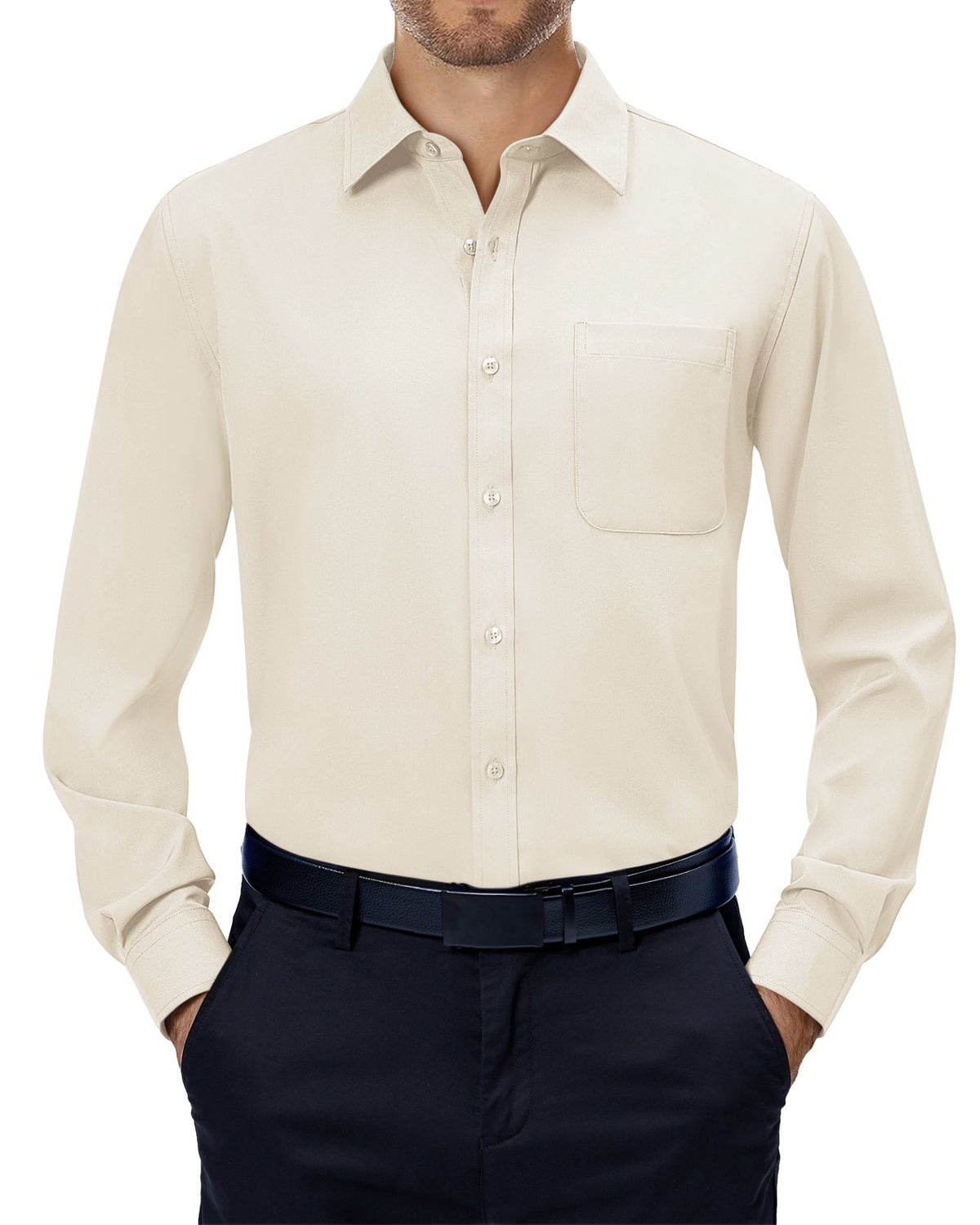 sogami Mens Long Sleeve Collared Button-up Shirt Regular Fit Solid Wrinkle-Free White Dresses Shirt Business Casual