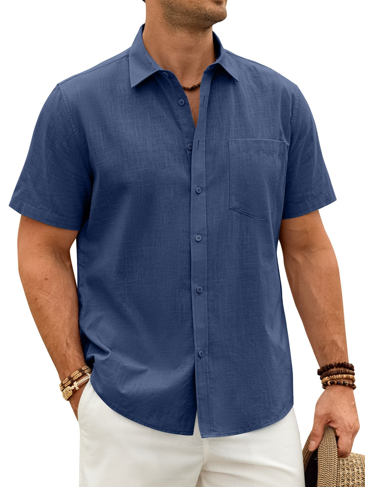 sogami Men's Breathable Cotton Linen Short Sleeve Button Down Casual Shirt For Summer
