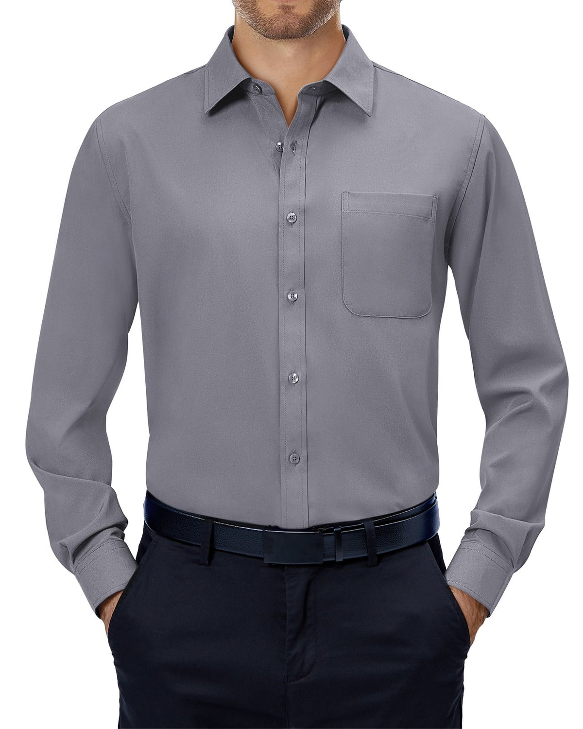 sogami Mens Long Sleeve Collared Button-up Shirt Regular Fit Solid Wrinkle-Free White Dresses Shirt Business Casual