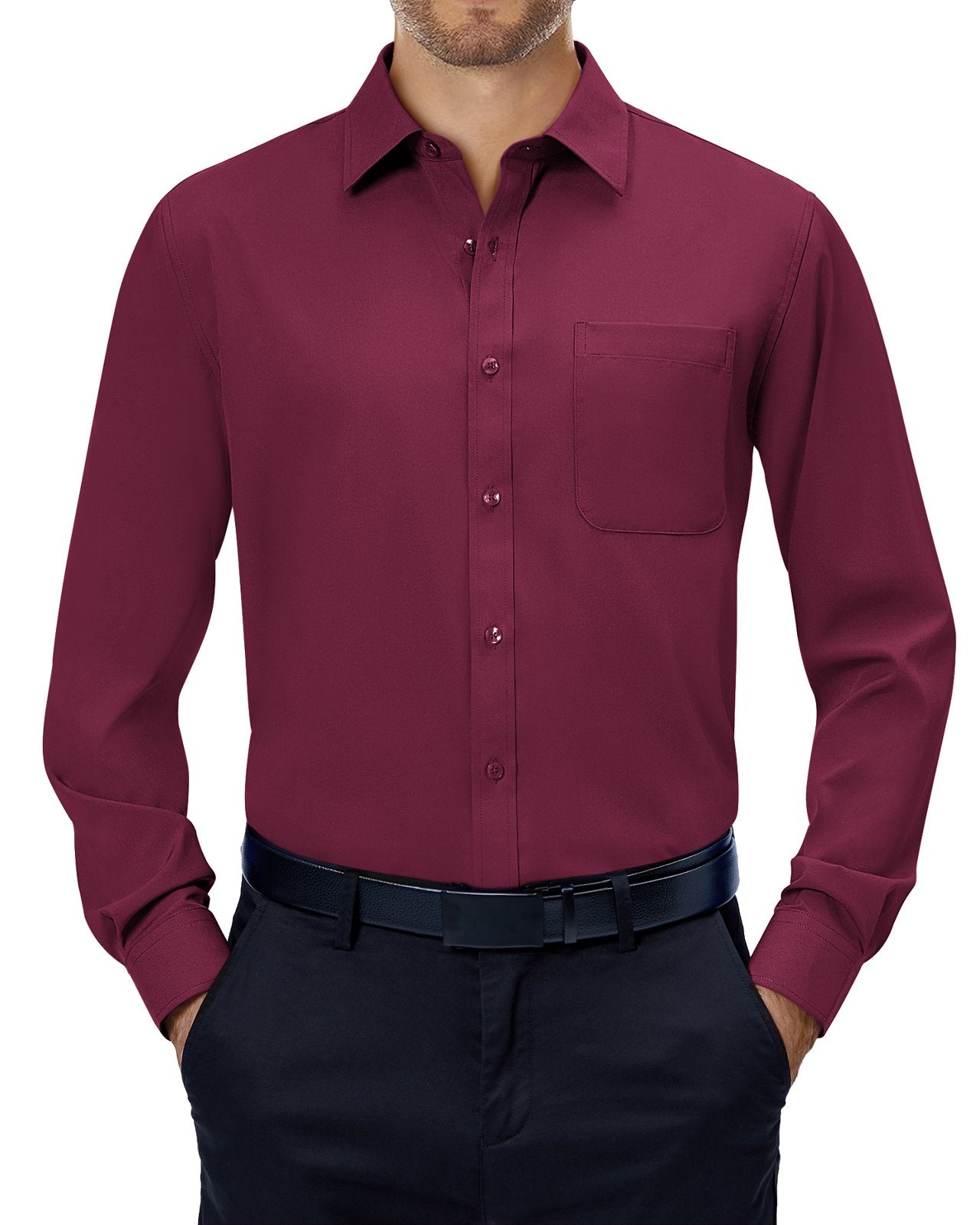 sogami Mens Long Sleeve Collared Button-up Shirt Regular Fit Solid Wrinkle-Free White Dresses Shirt Business Casual