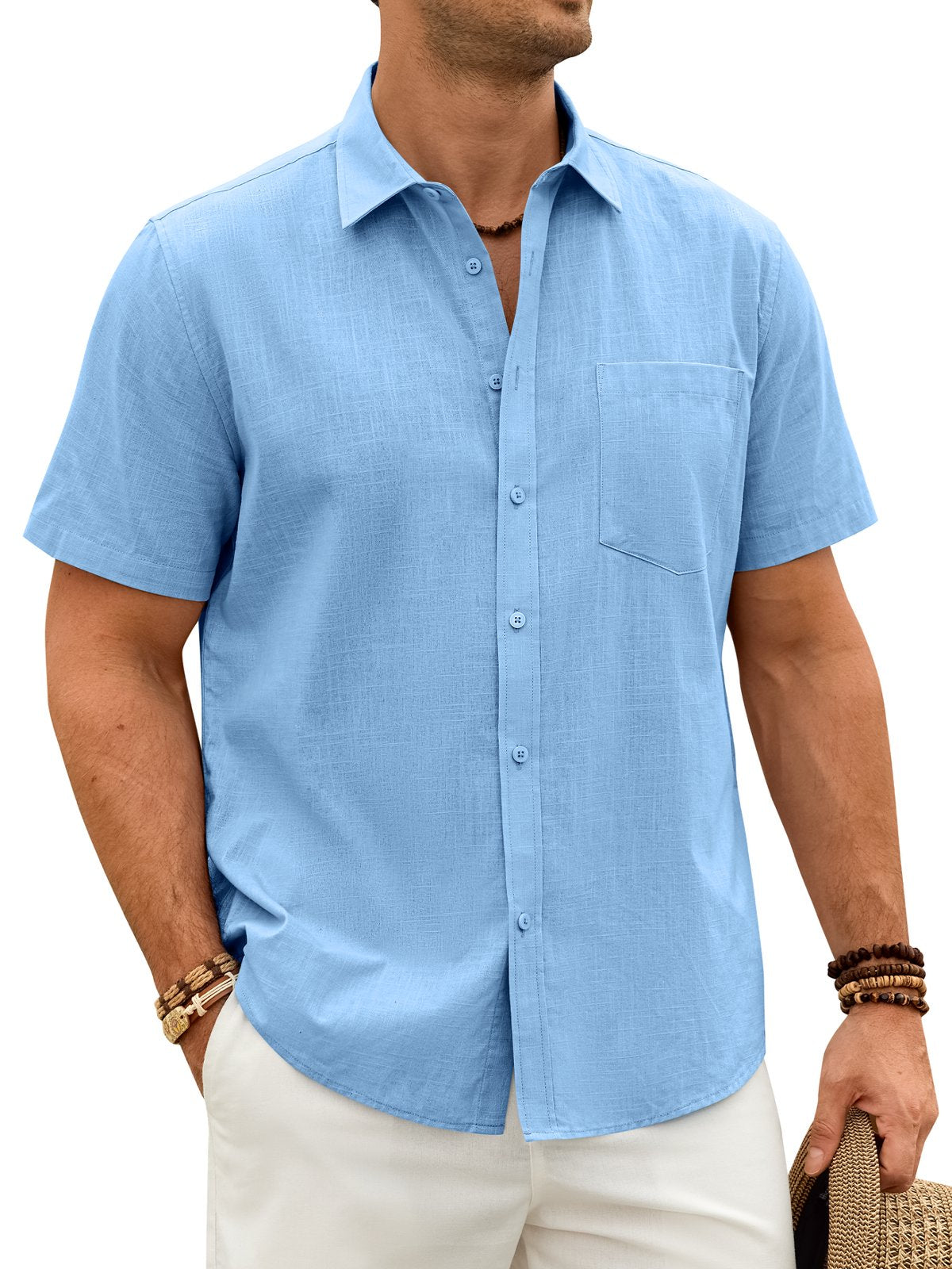 sogami Men's Breathable Cotton Linen Short Sleeve Button Down Casual Shirt For Summer