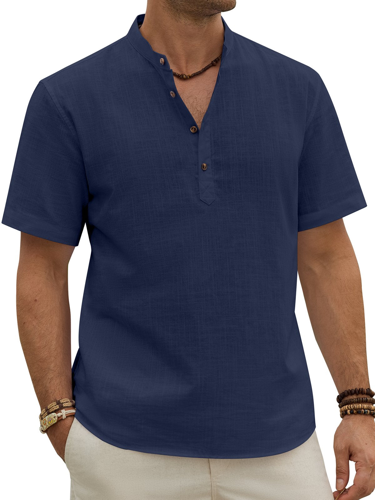 sogami Men's Henley Collar Short Sleeve Button Up Shirt Casual Linen Shirt