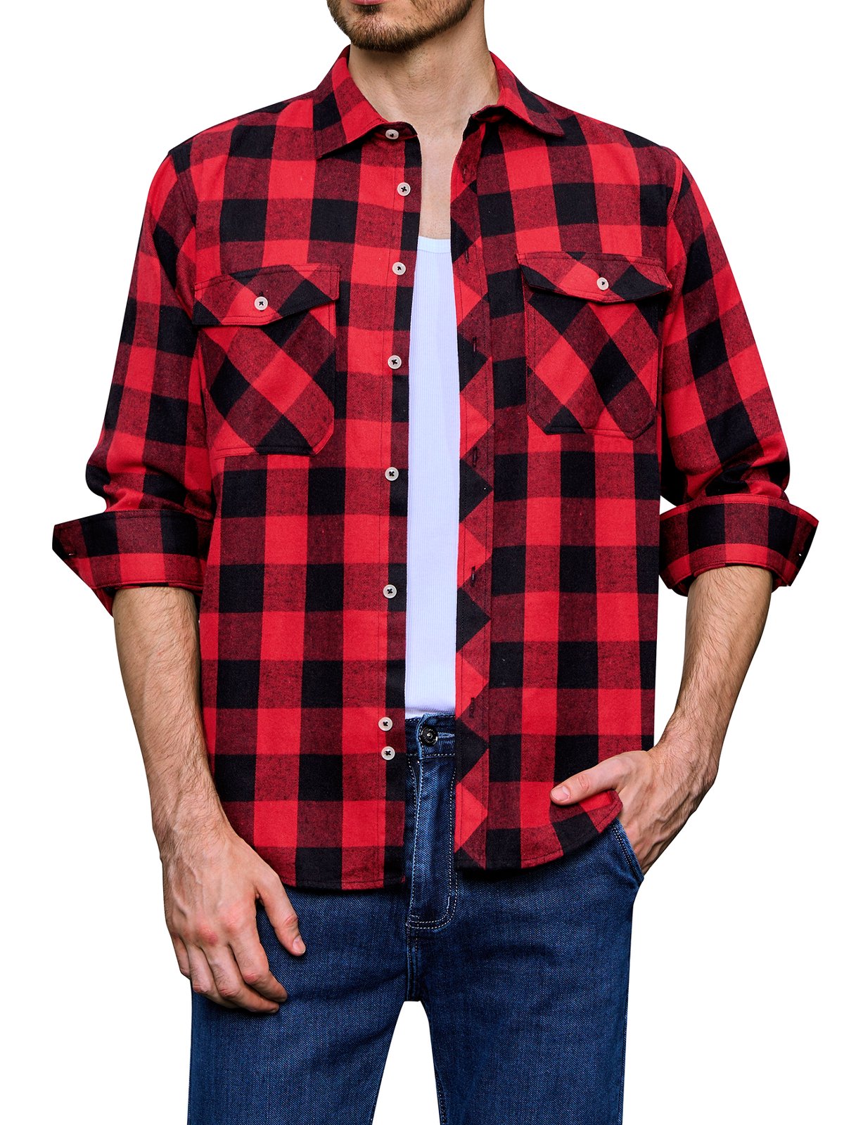 sogami Mens Long Sleeve Red Plaid Flannel Shirts Casual Button Down Regular Fit