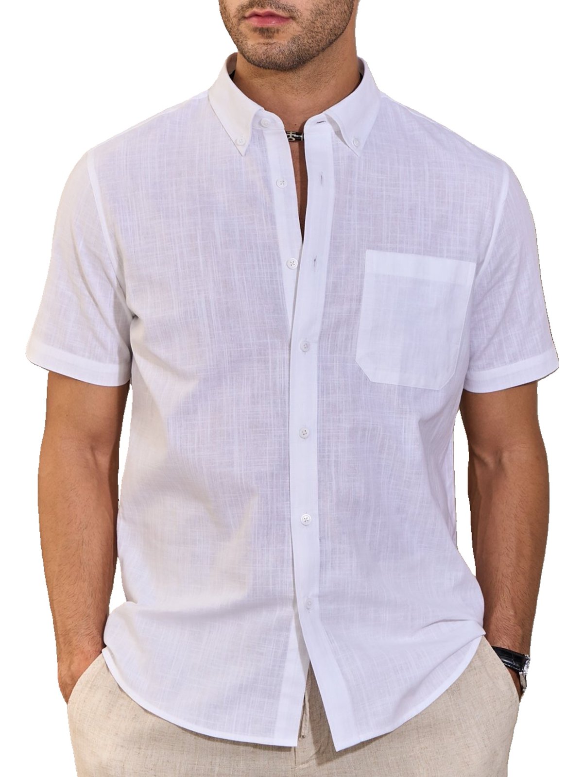 sogami Men's Cotton Linen Short Sleeve Button Down Shirt Casual Summer Shirt