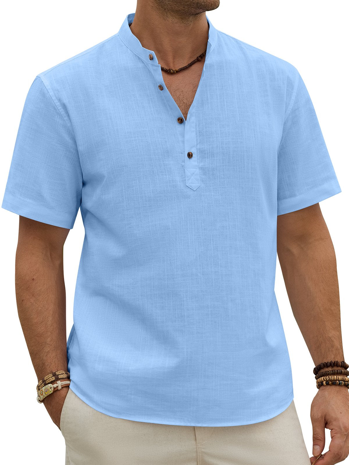 sogami Men's Henley Collar Short Sleeve Button Up Shirt Casual Linen Shirt