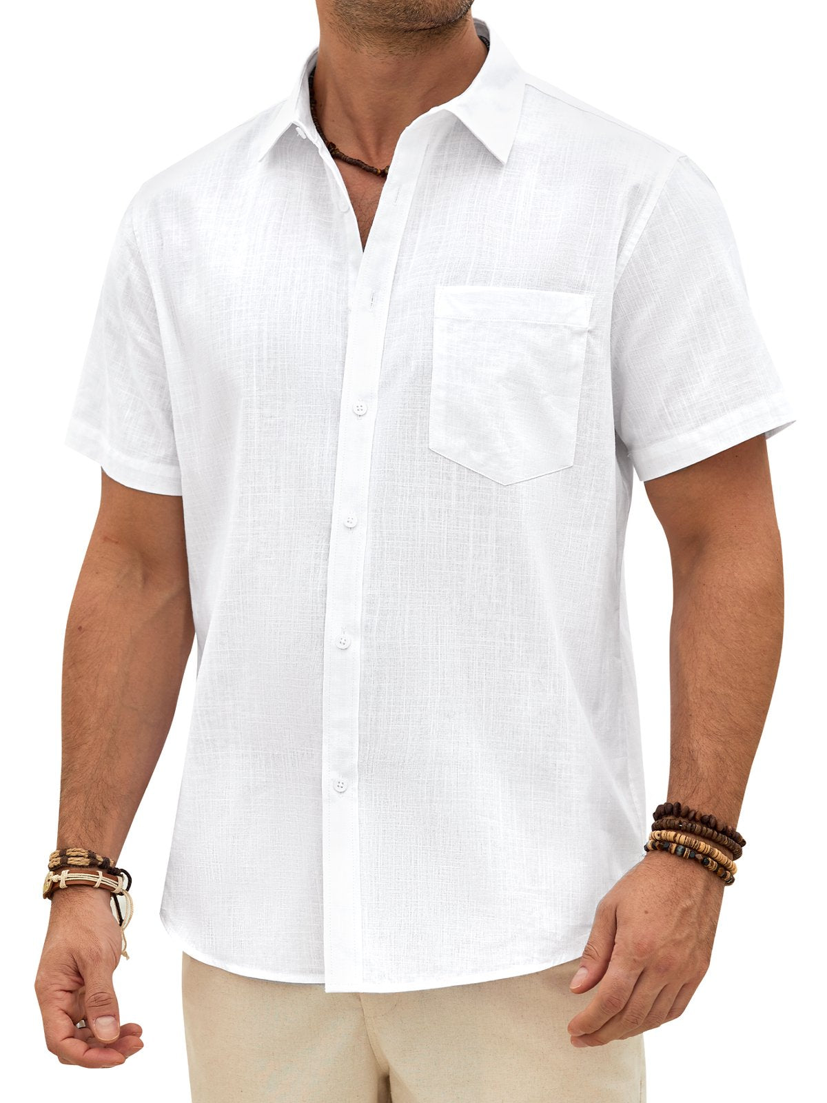 sogami Men's Breathable Cotton Linen Short Sleeve Button Down Casual Shirt For Summer
