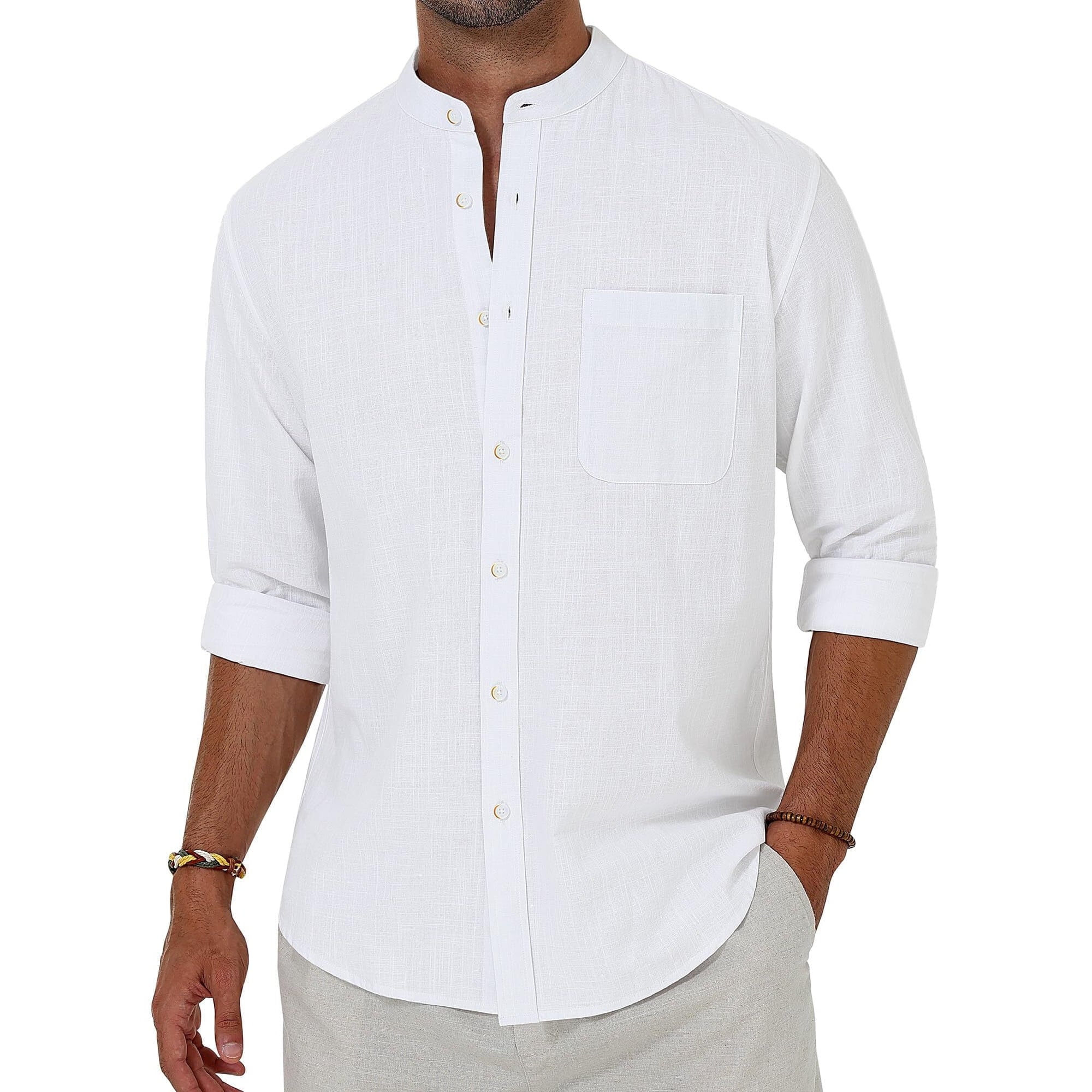 sogami Men's Long Sleeve Cotton Linen Shirts Band Collar Button Down Shirt