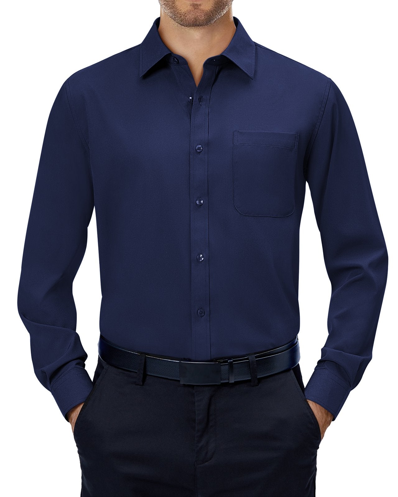 sogami Mens Long Sleeve Collared Button-up Shirt Regular Fit Solid Wrinkle-Free White Dresses Shirt Business Casual