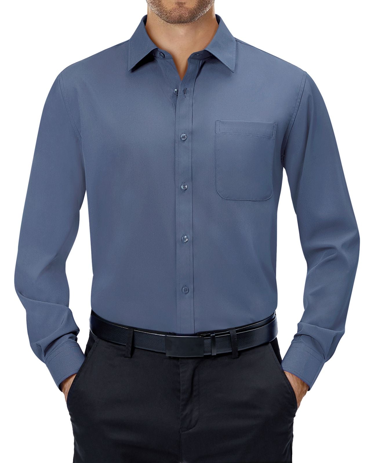 sogami Mens Long Sleeve Collared Button-up Shirt Regular Fit Solid Wrinkle-Free White Dresses Shirt Business Casual