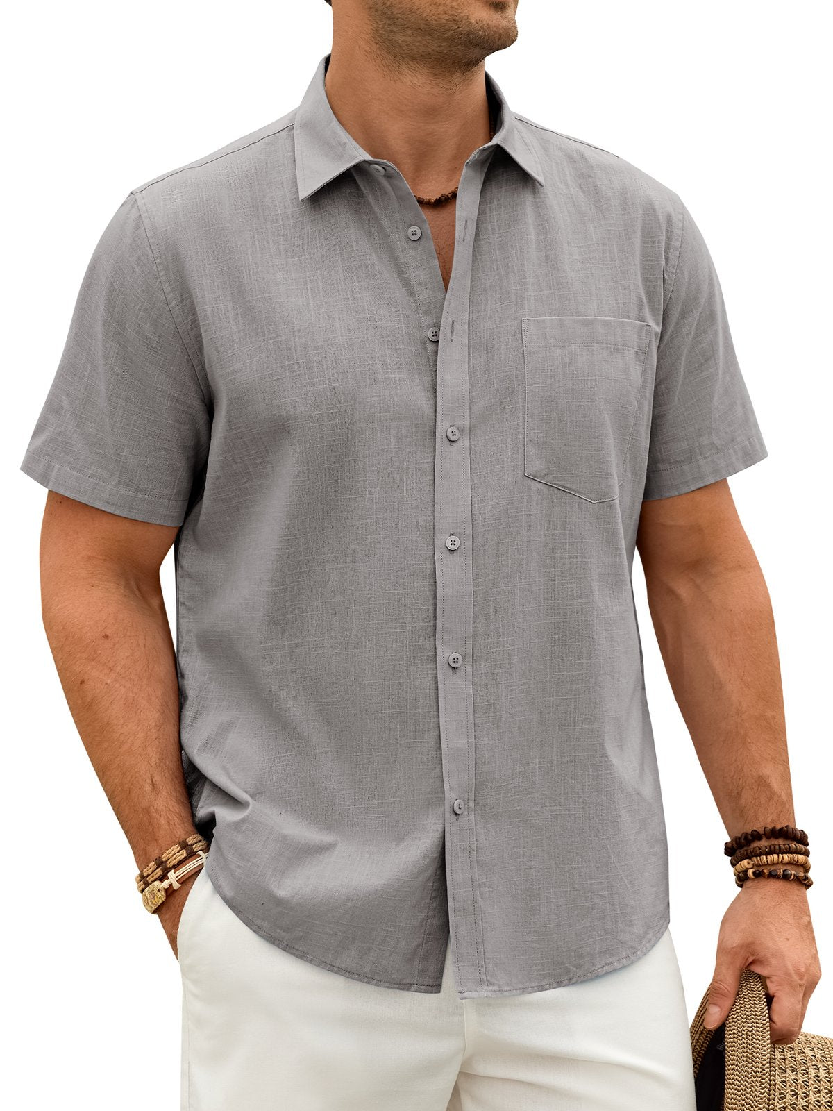 sogami Men's Breathable Cotton Linen Short Sleeve Button Down Casual Shirt For Summer