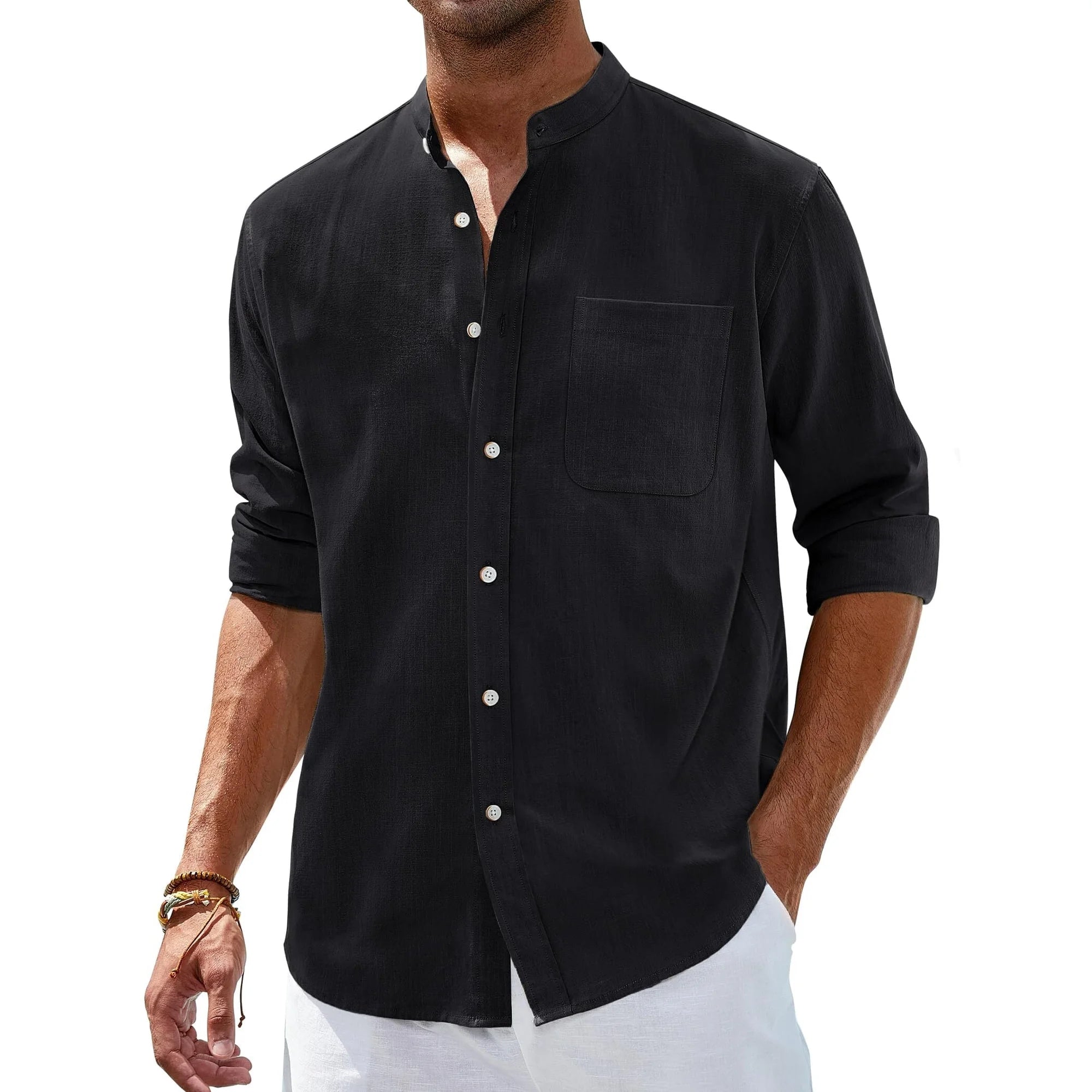 sogami Men's Long Sleeve Cotton Linen Shirts Band Collar Button Down Shirt