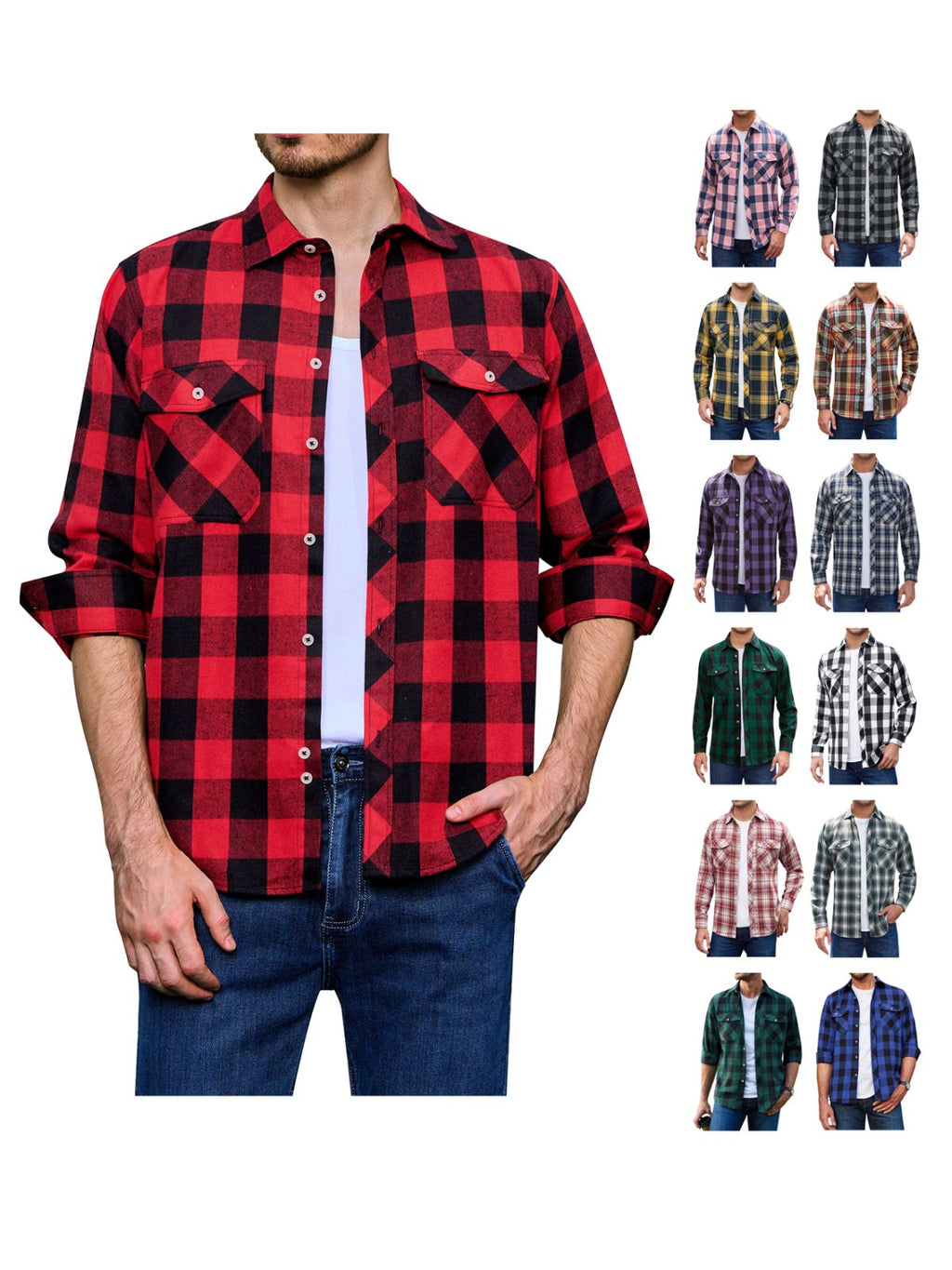 sogami Mens Long Sleeve Red Plaid Flannel Shirts Casual Button Down Regular Fit