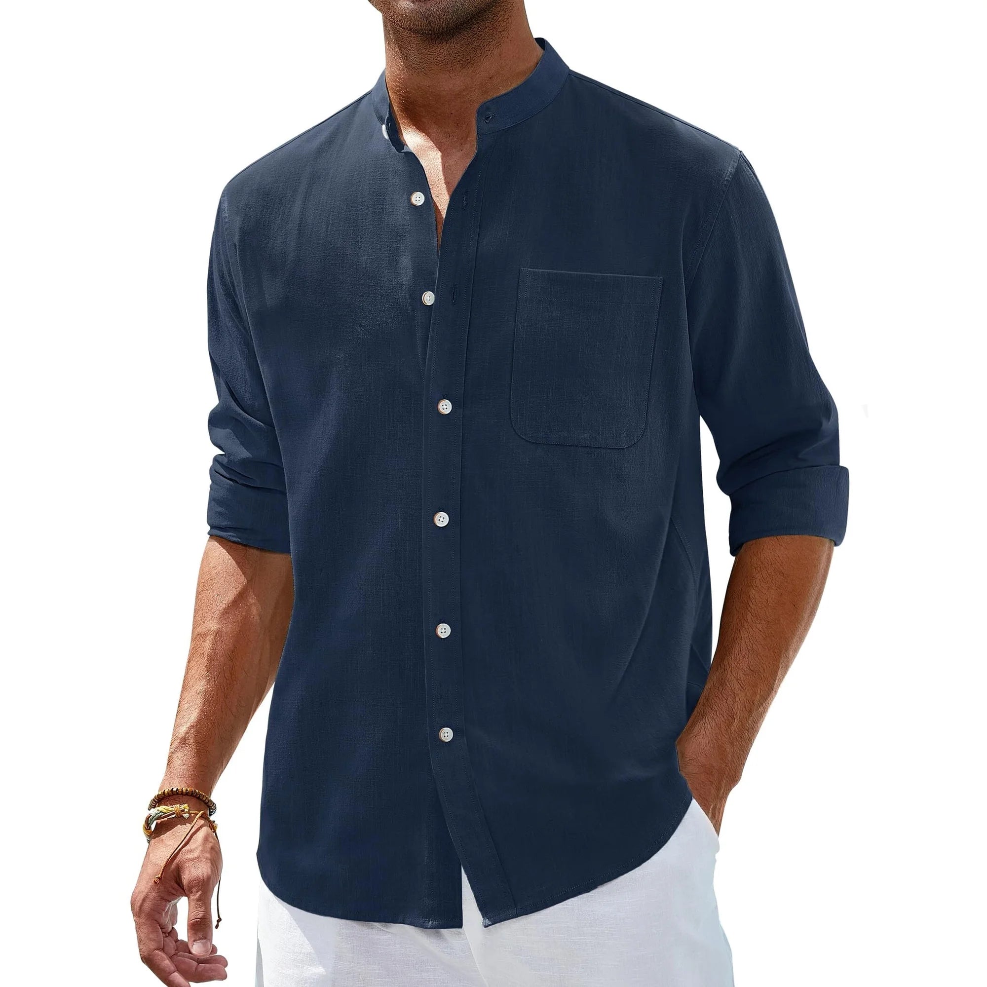 sogami Men's Long Sleeve Cotton Linen Shirts Band Collar Button Down Shirt
