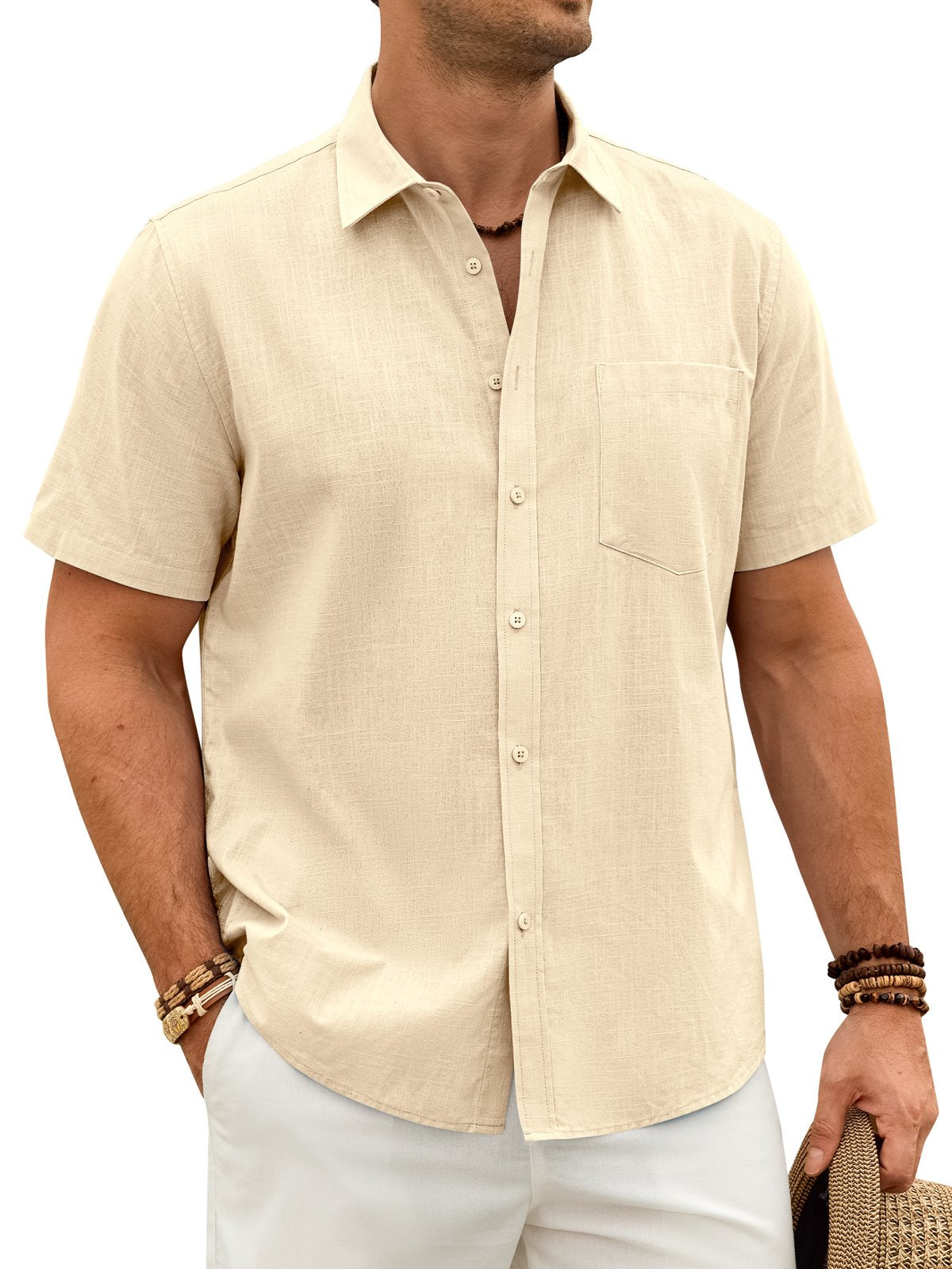 sogami Men's Breathable Cotton Linen Short Sleeve Button Down Casual Shirt For Summer