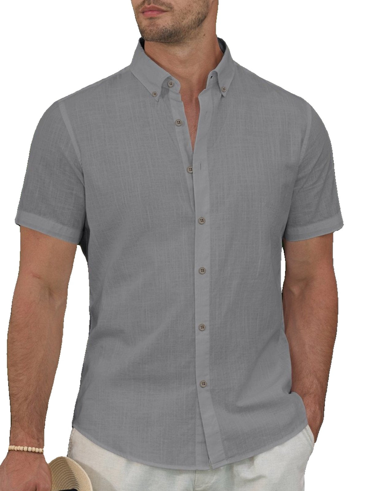 sogami Men's Breathable Cotton Linen Short Sleeve Button Down Summer Shirt