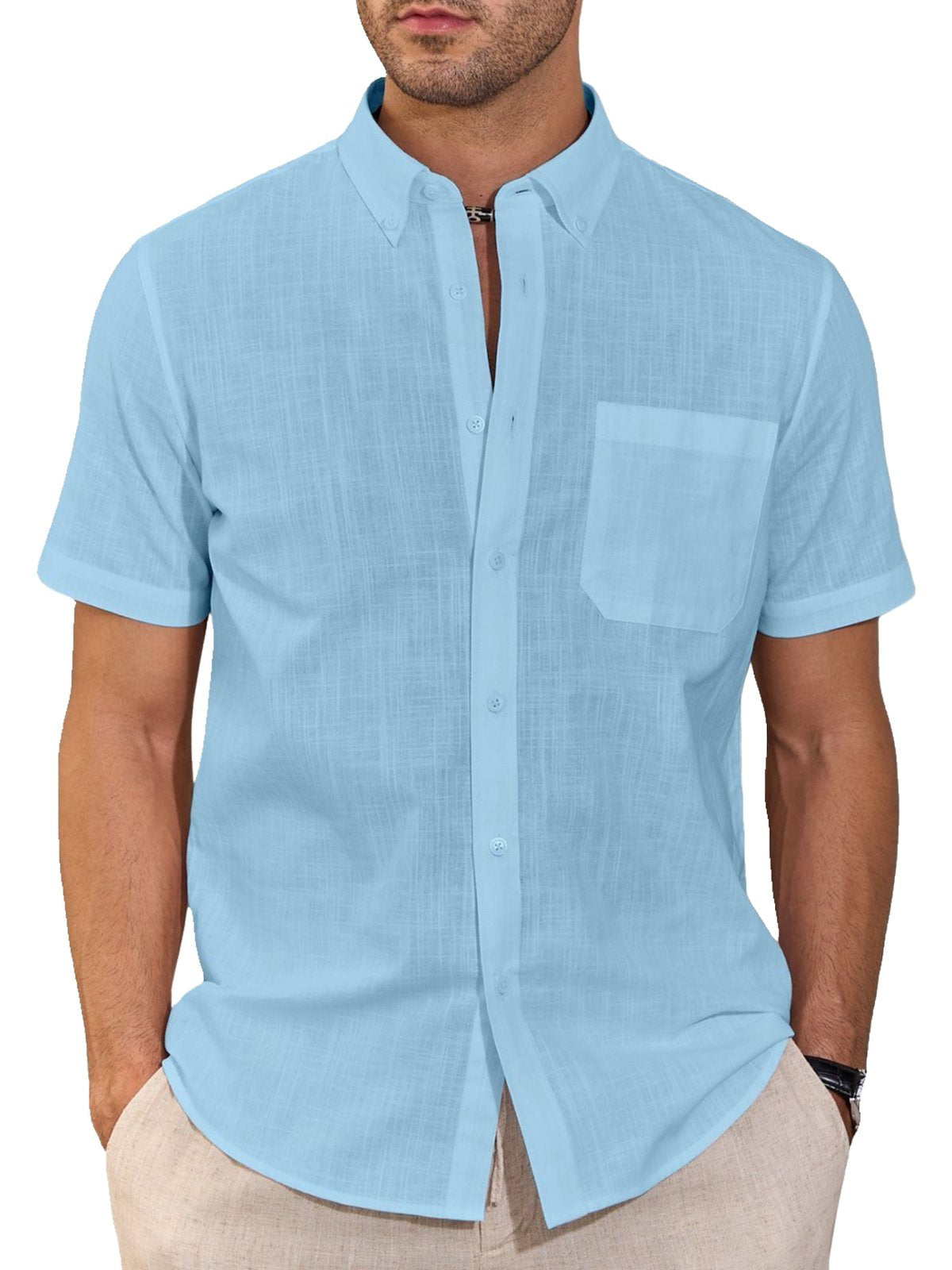 sogami Men's Cotton Linen Short Sleeve Button Down Shirt Casual Summer Shirt