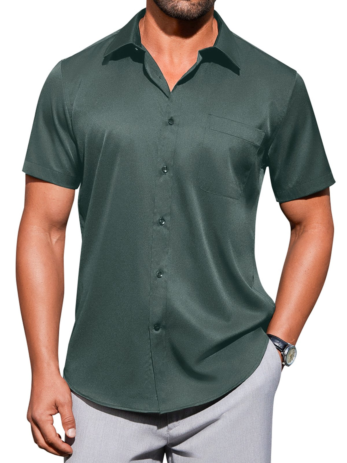 sogami Mens Short Sleeve Cotton Dress Shirts Wrinkle-Free Business Shirt