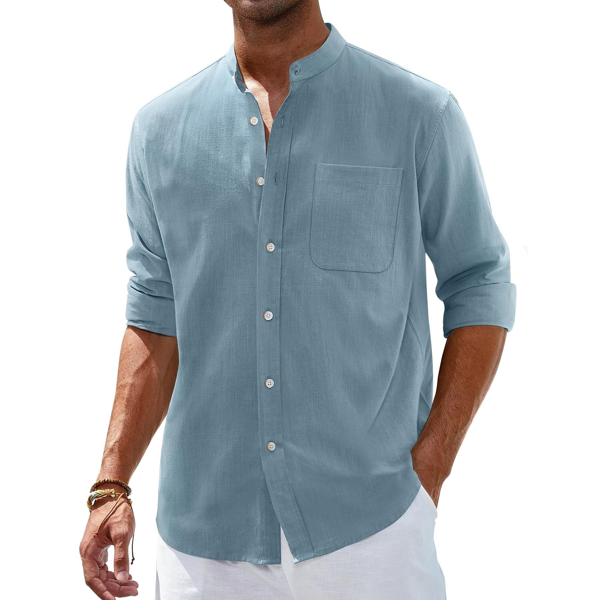 sogami Men's Long Sleeve Cotton Linen Shirts Band Collar Button Down Shirt