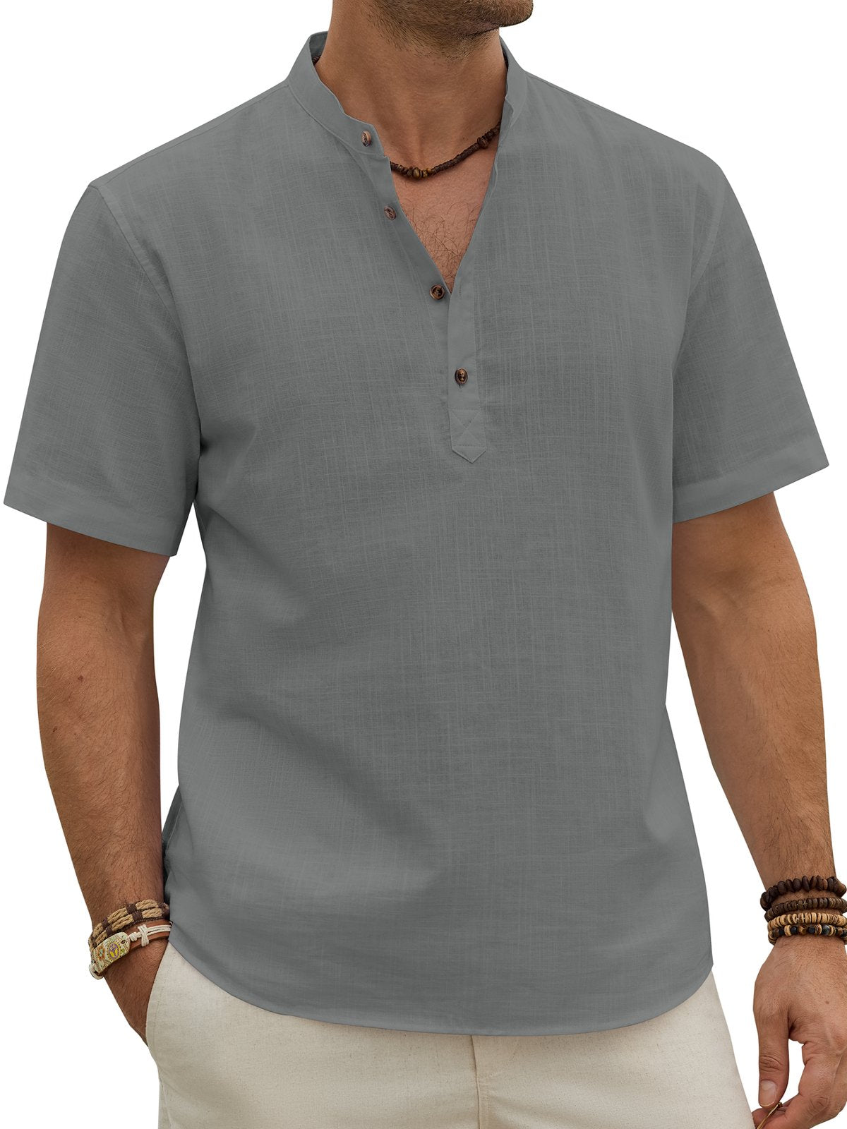 sogami Men's Henley Collar Short Sleeve Button Up Shirt Casual Linen Shirt