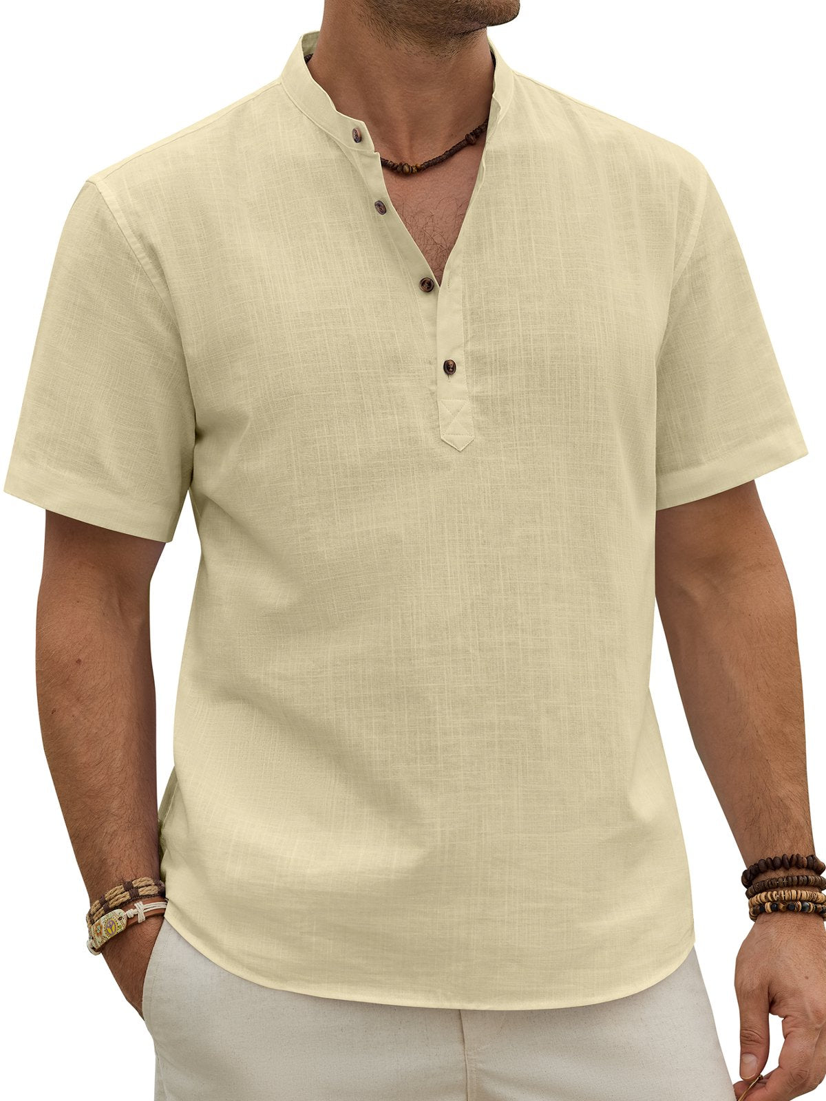 sogami Men's Henley Collar Short Sleeve Button Up Shirt Casual Linen Shirt