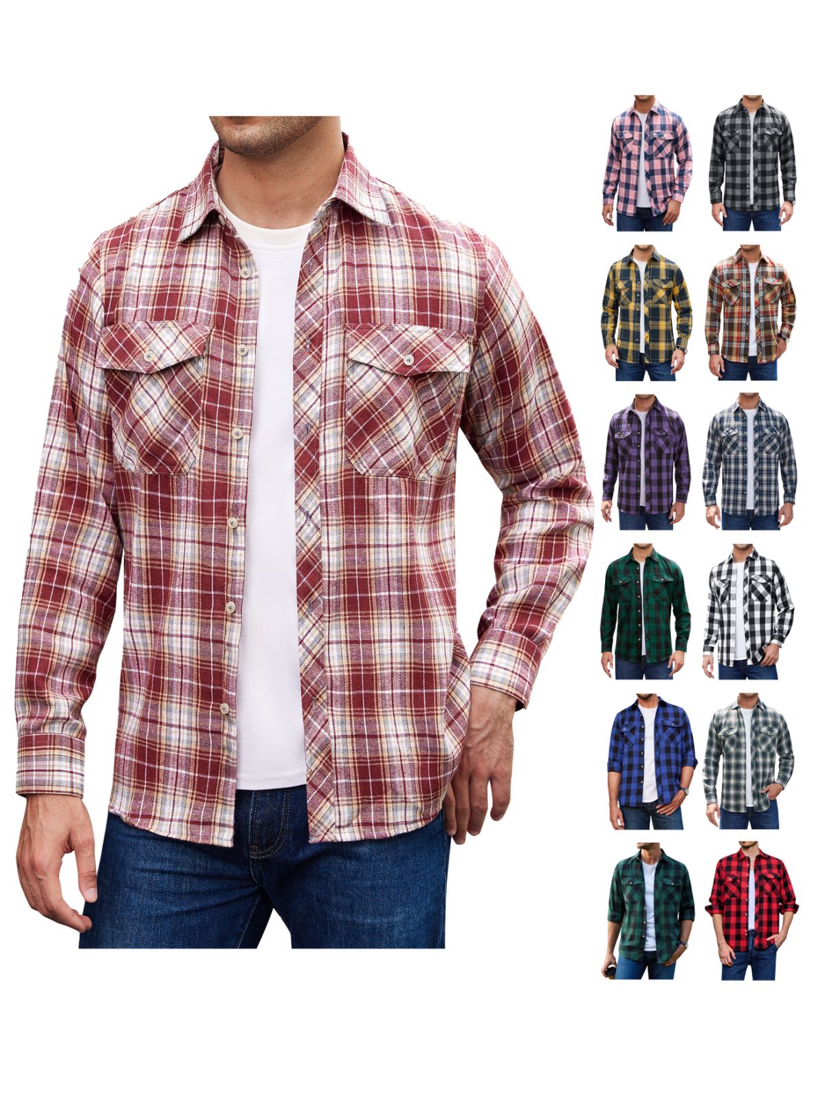 sogami Mens Long Sleeve Red Plaid Flannel Shirts Casual Button Down Regular Fit