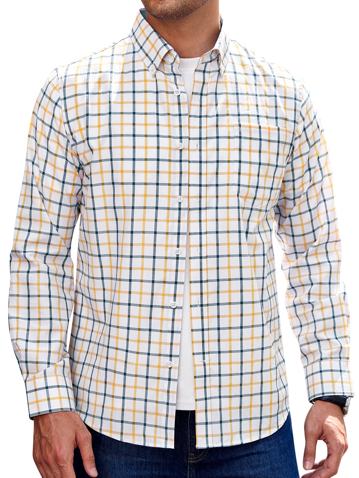sogami Men's Casual Plaid Long Sleeve Shirt Lightweight Cotton Gingham Shirt